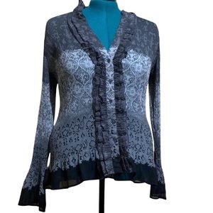 Apt 9 Sheer XL  Pleated V-Neck Button up Blouse with Ruffled Long Sleeves
